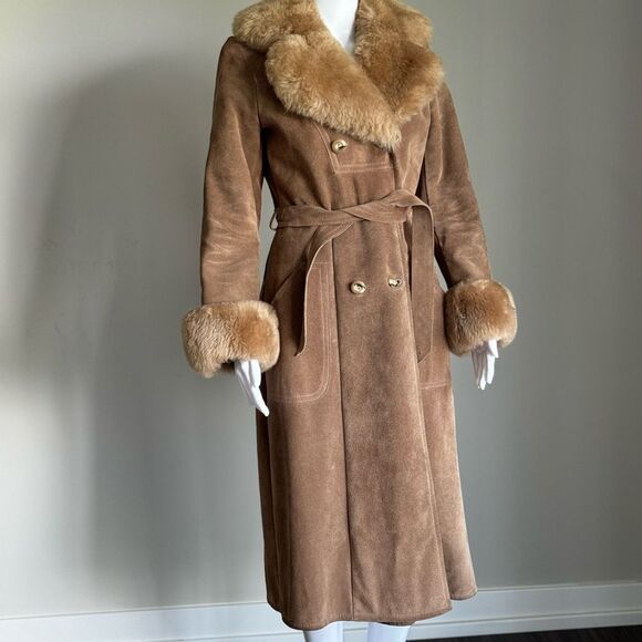 VTG 70’s Penny Lane Almost Famous Suede Shearling Wrap Trench Coat - Picture 2 of 10